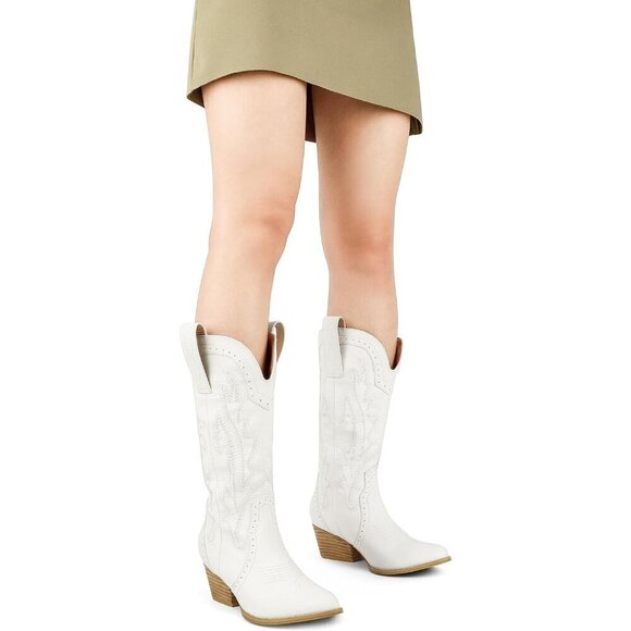 Women White Mid-calf Pointy Toe Embroidered Western Cowgirl Boots Chunky Heels - Picture 4 of 8
